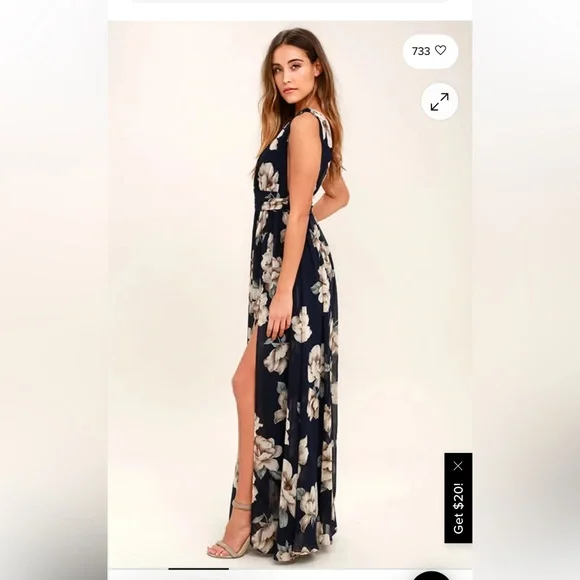 Garden Meandering Navy Blue Floral Print Maxi Dress S NWT - Picture 2 of 9